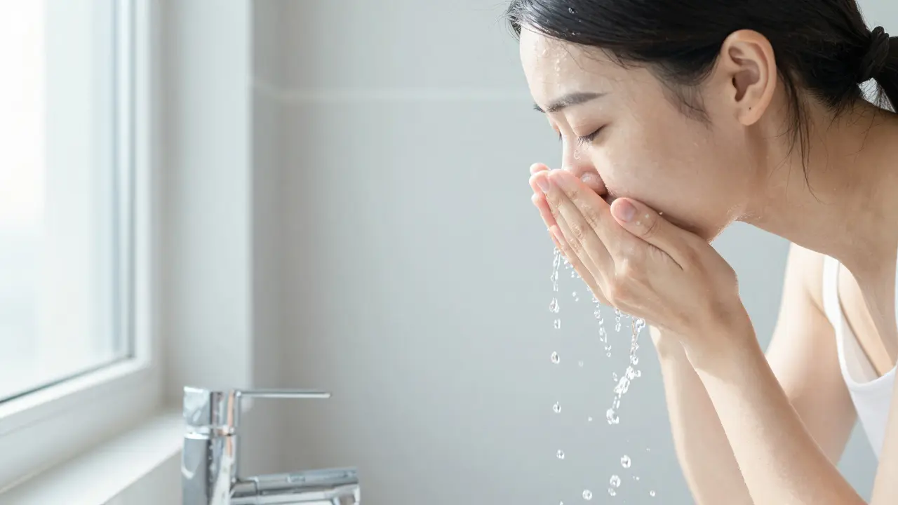 Eine Person erfrischt ihr Gesicht mit kaltem Wasser in einem hellen Badezimmer.