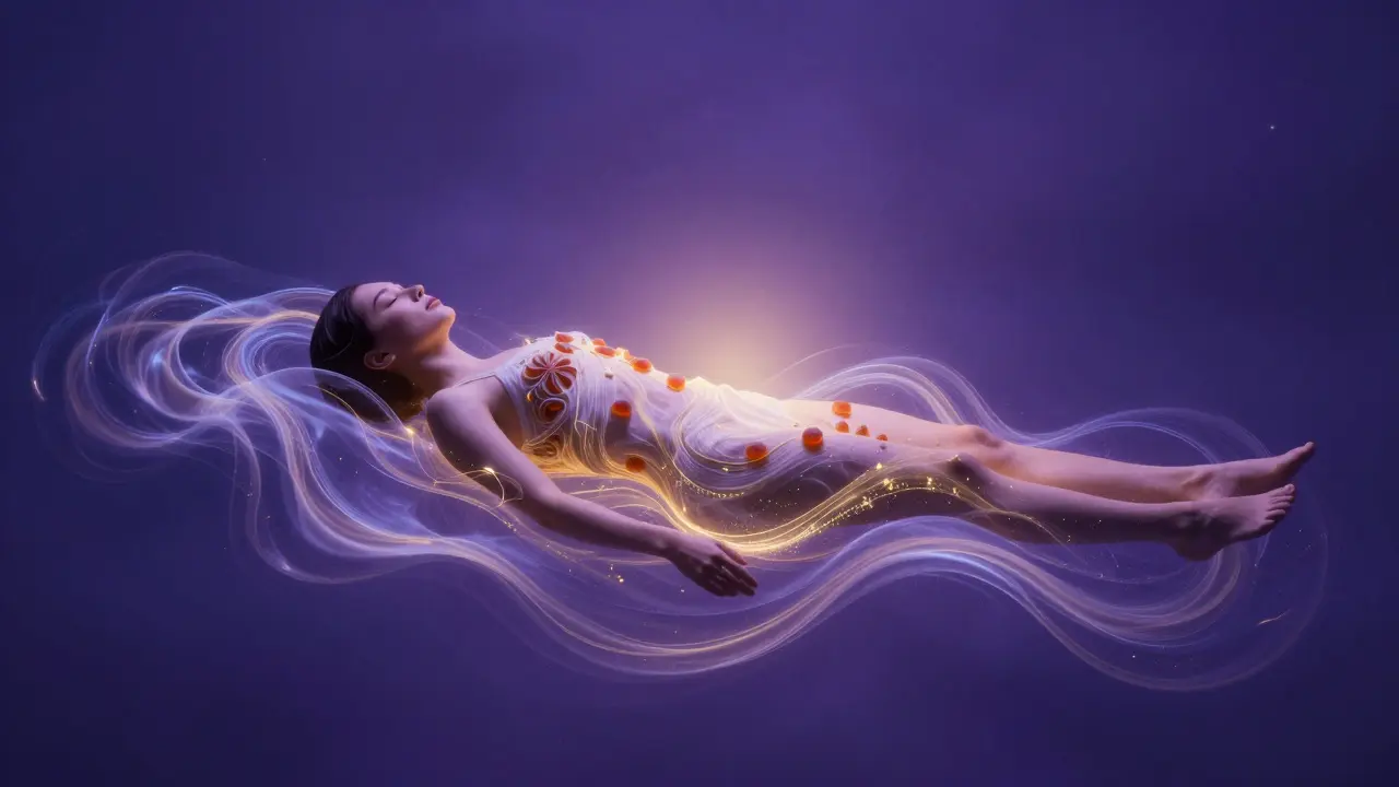 Eine Person schwebt in einem violetten Raum, umgeben von goldenen Lichtwellen der Entspannung.