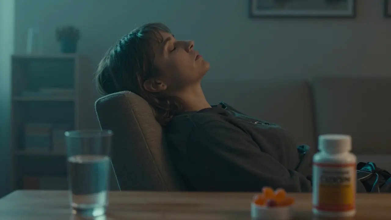 Eine schläfrige Person in einem dämmrigen Raum, die Benommenheit darstellt.