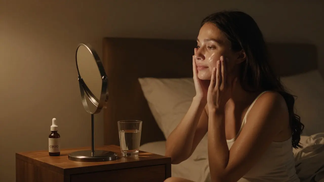 Frau bei ihrer Abendroutine, die entspannt ihre beruhigte Haut im Spiegel betrachtet.