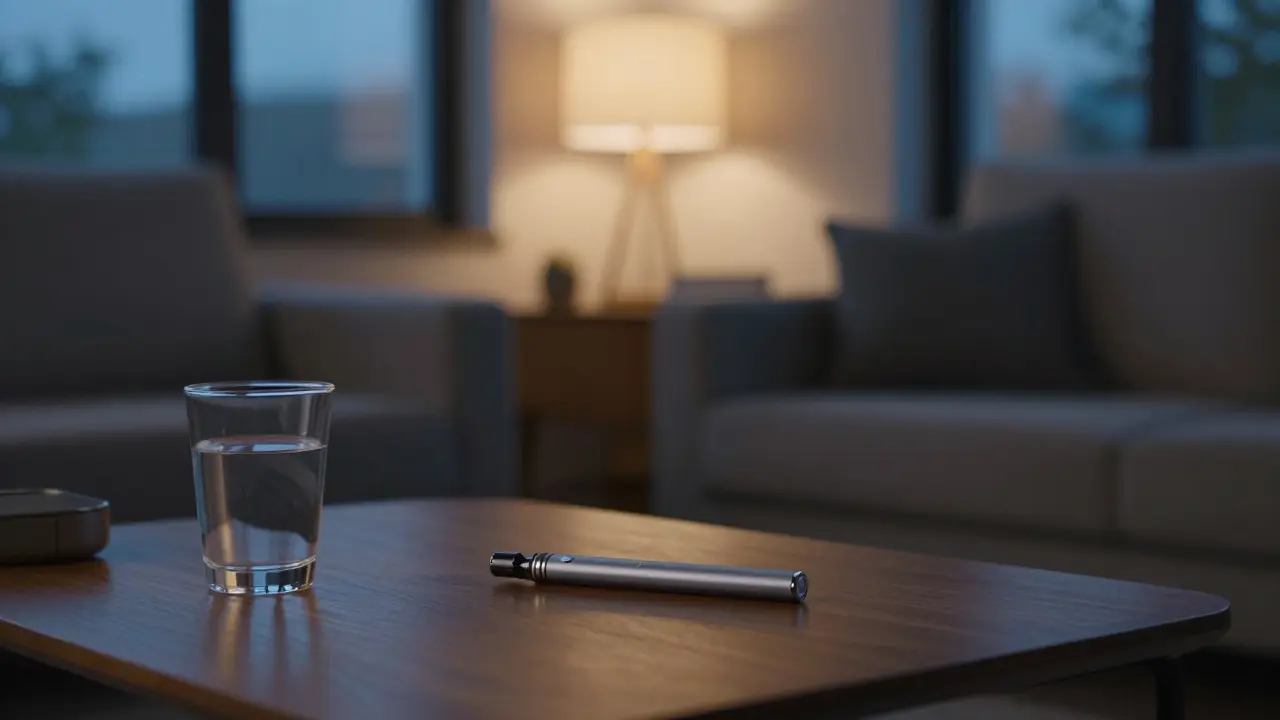 Gemütliches Wohnzimmer mit einem Vape-Pen und Wasserglas zur Entspannung.