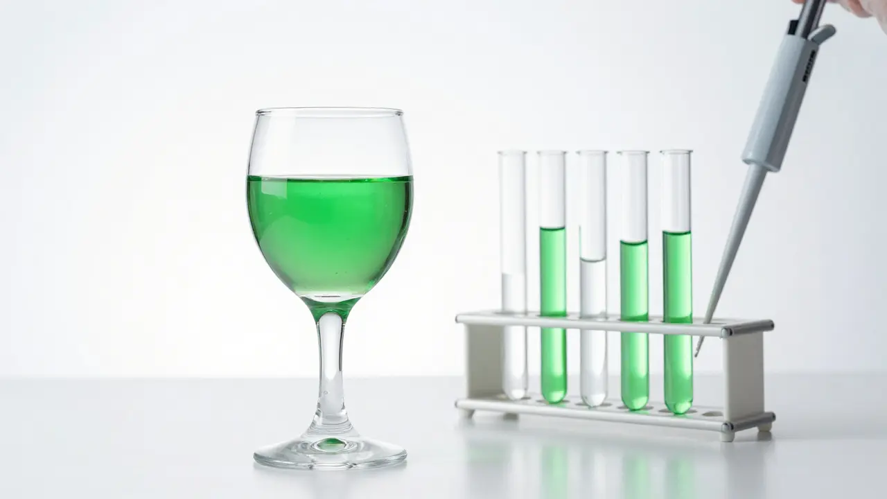 Kontrast zwischen einem Glas grünem Absinth und klinischen Laborreagenzgläsern.
