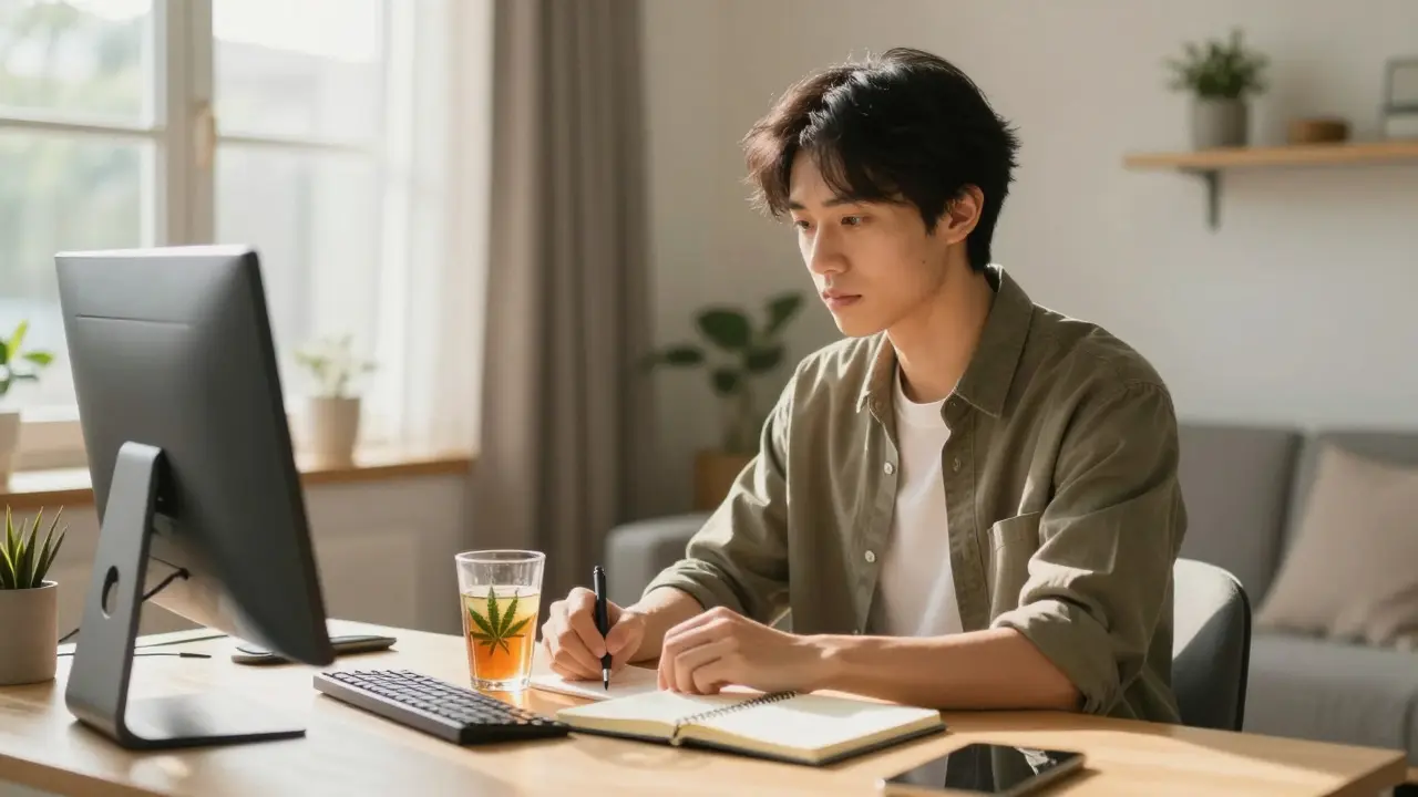 Konzentrierte Person mit einem CBD-Energy-Drink in einem hellen Heimbüro