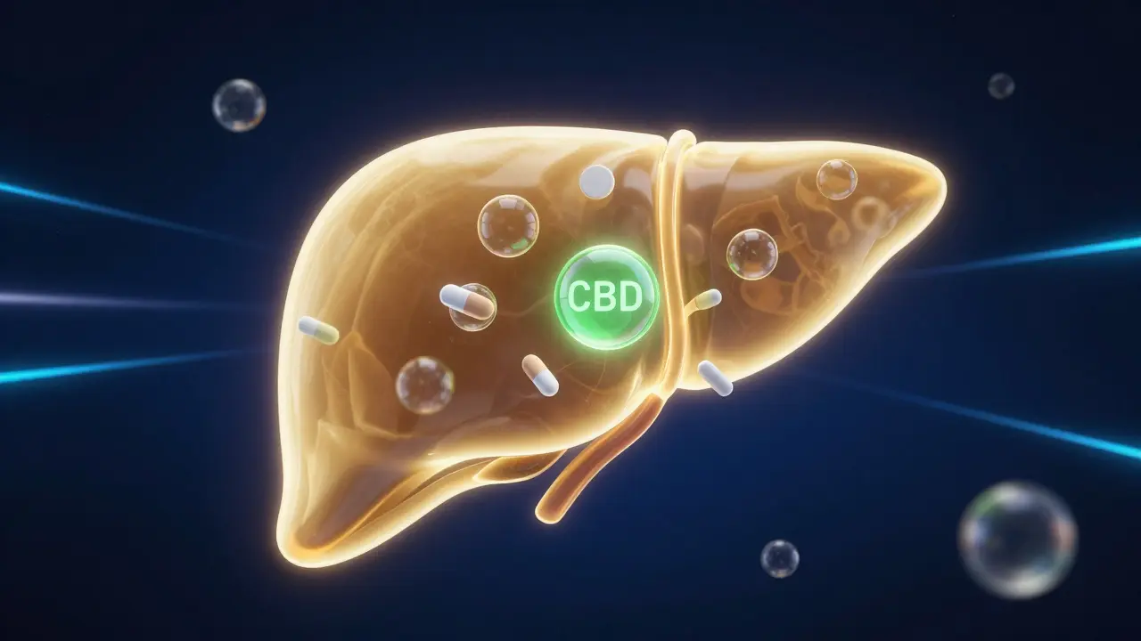 Konzeptuelle Darstellung der Leber und der Wechselwirkung zwischen CBD und Medikamenten.