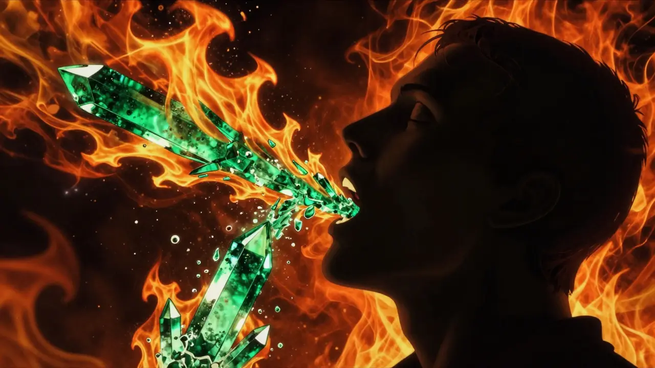 Konzeptuelle Illustration eines brennenden Gefühls beim Trinken von purem Absinth.