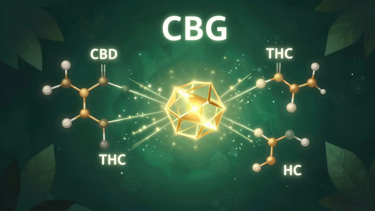 Künstlerische Darstellung des CBG-Moleküls als Ursprung für CBD und THC.