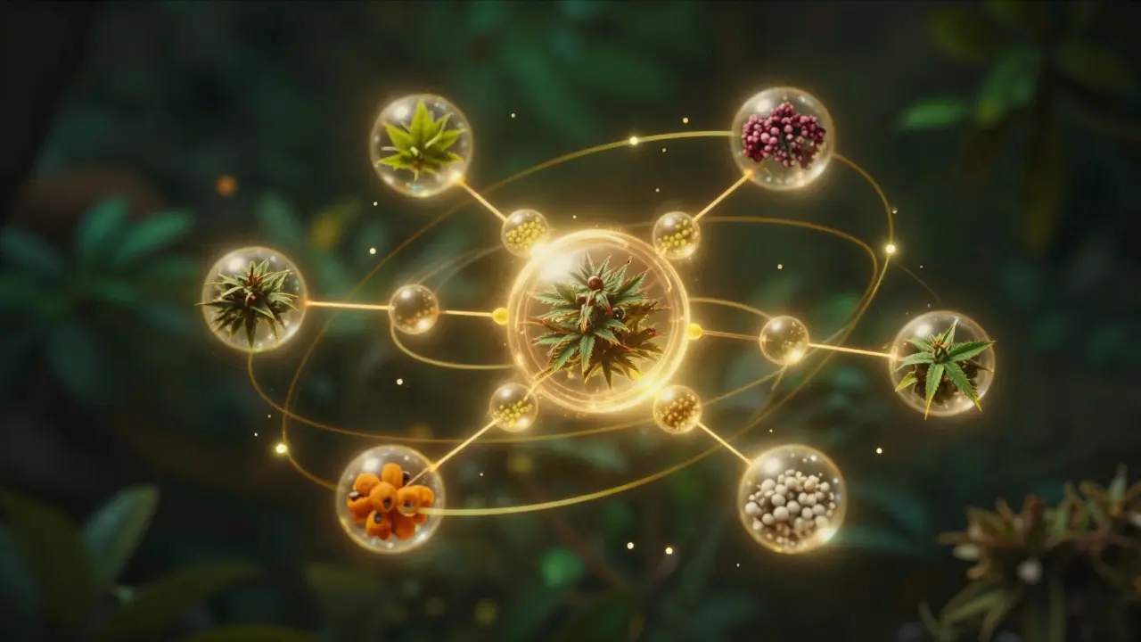 Künstlerische Darstellung des Entourage-Effekts mit CBD und Terpenen.
