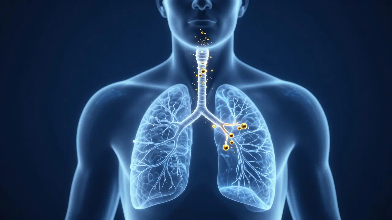 Künstlerische Darstellung von CBD-Molekülen, die über die Lunge ins Blut und Gehirn gelangen.