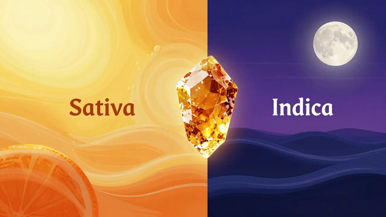 Künstlerischer Vergleich zwischen energetischem Sativa- und entspannendem Indica-Effekt.