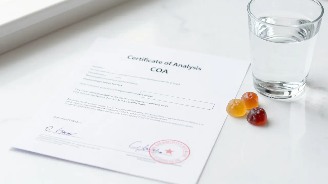 Laborzertifikat neben einem Edible-Produkt auf weißem Hintergrund zur Symbolisierung von Reinheit und Sicherheit.