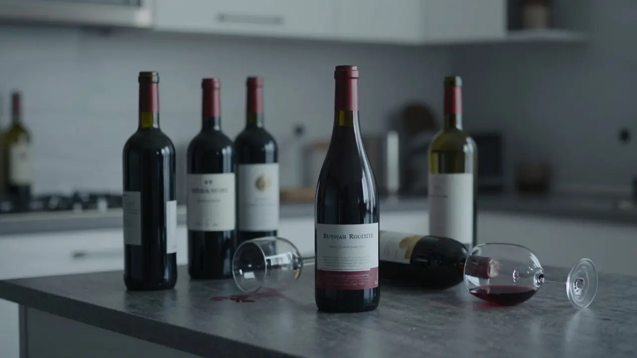 Mehrere unbeschriftete Weinflaschen auf einer dunklen Oberfläche in einer instabilen Perspektive.