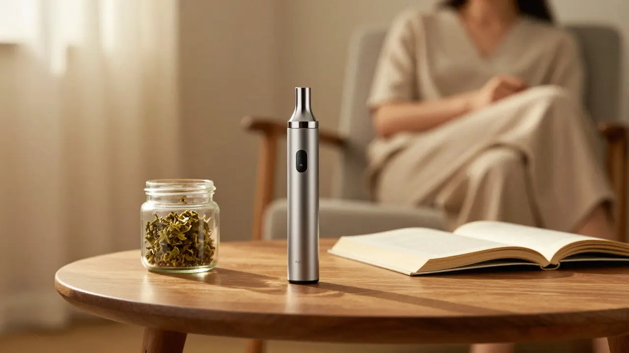 Moderner Vaporizer und Hanfblüten in einem gemütlichen, sonnigen Wohnzimmer.