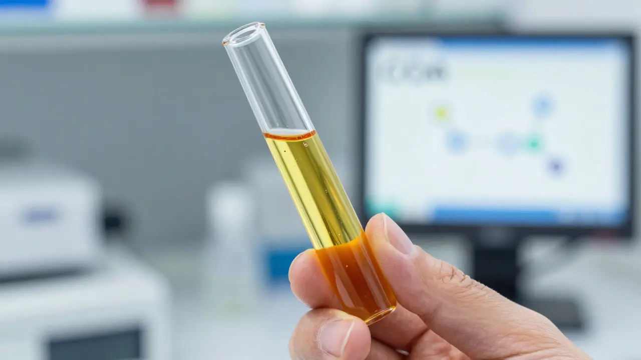 Nahaufnahme einer hochwertigen CBD-Kartusche mit goldenem Öl vor einem Laborhintergrund.