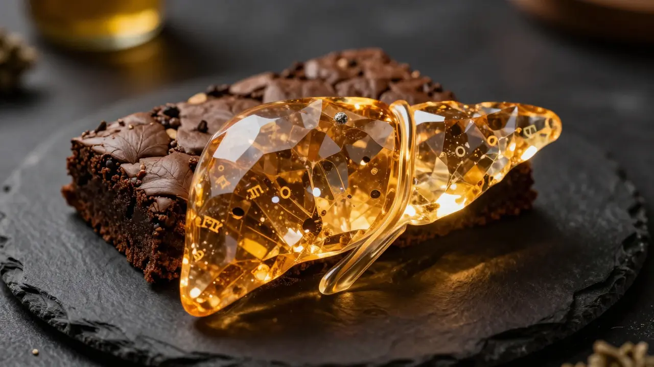 Nahaufnahme eines Cannabis-Brownies mit einer symbolischen Darstellung des Stoffwechsels in der Leber.