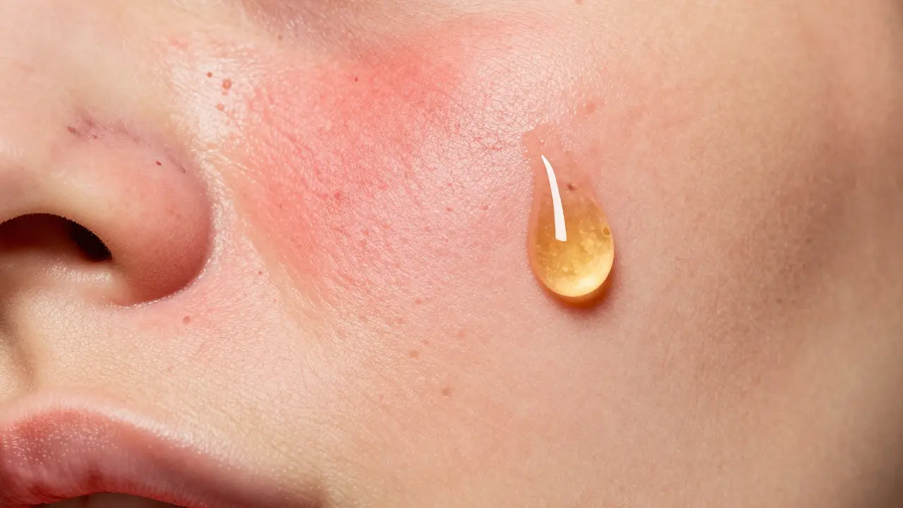 Nahaufnahme von entzündeter Haut, die durch ein CBG-Serum beruhigt wird