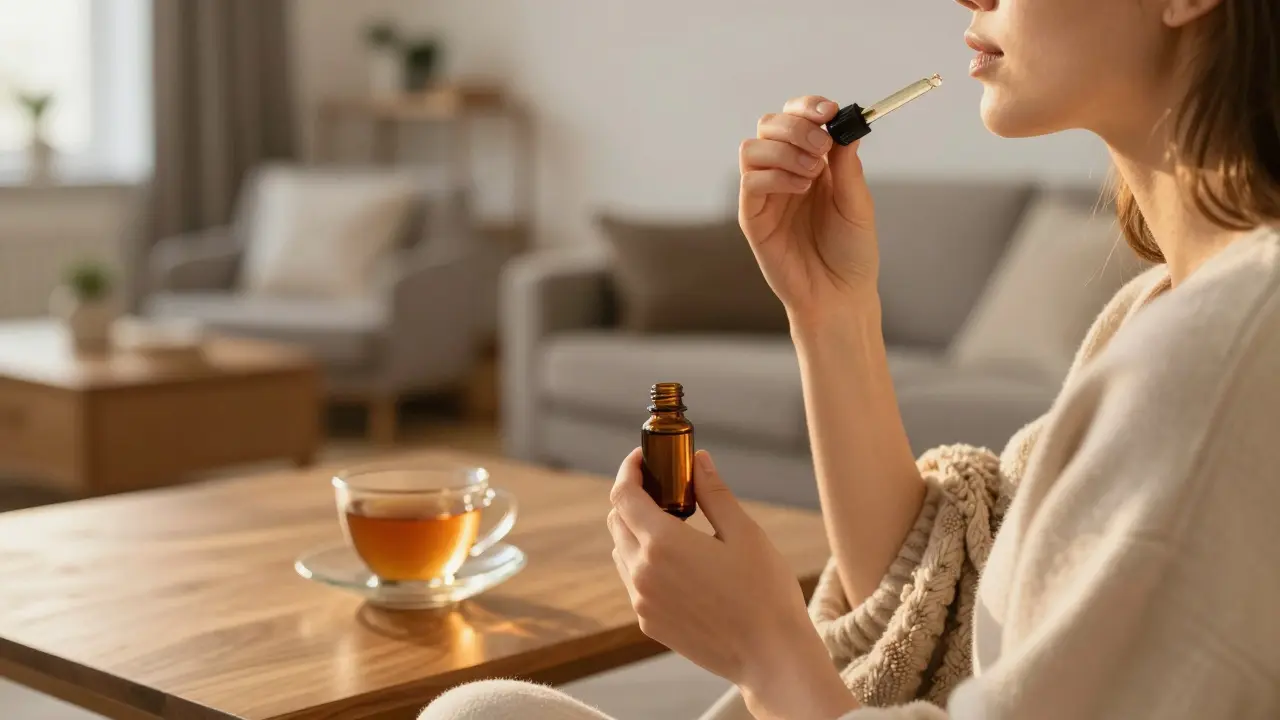 Person nutzt eine Cannabis-Tinktur in einer entspannten Wohnzimmerumgebung.