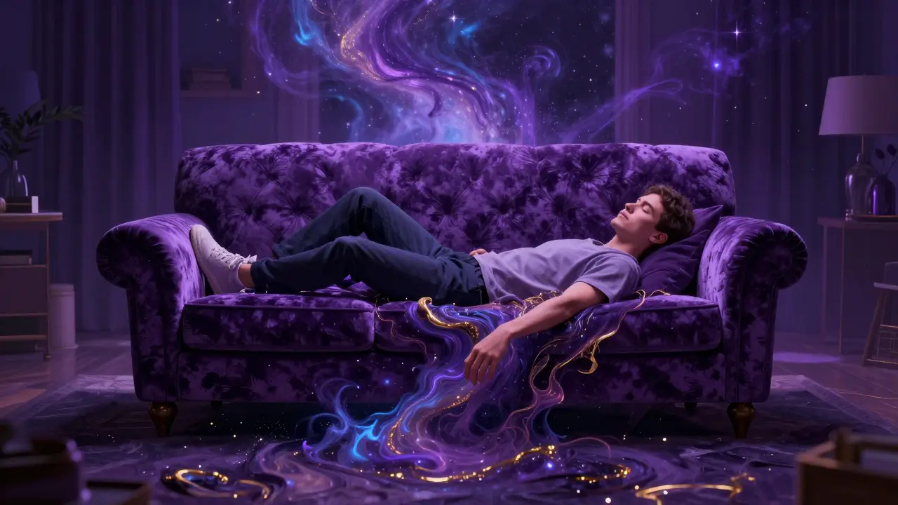 Person sinkt surreal in ein Sofa, das in ein kosmisches Nebelmeer übergeht.