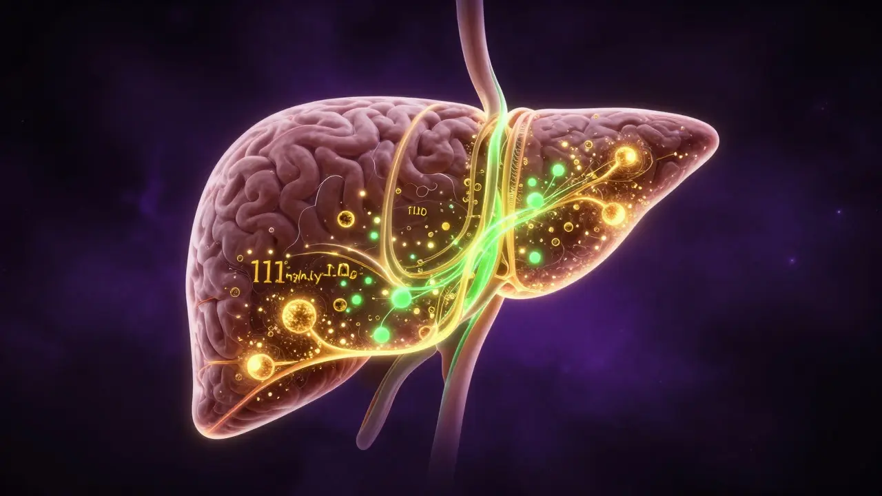 Surreale Darstellung der Leber, die THC in das potenteren 11-Hydroxy-THC umwandelt.