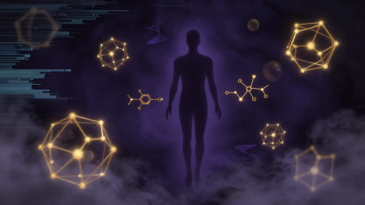 Surreale Darstellung von THC-Molekülen und einem schwebenden Menschen im Indigo-Raum.