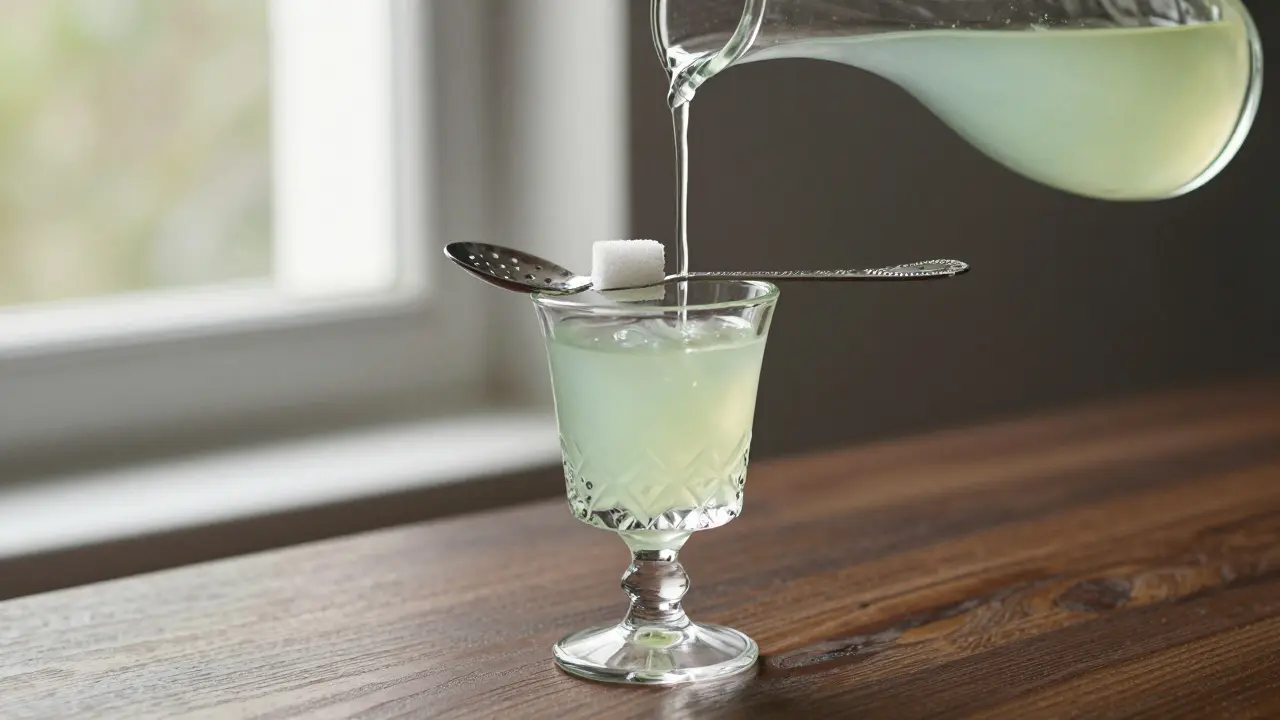 Traditionelles Absinth-Ritual mit Löffel, Zuckerwürfel und milchigem Getränk.