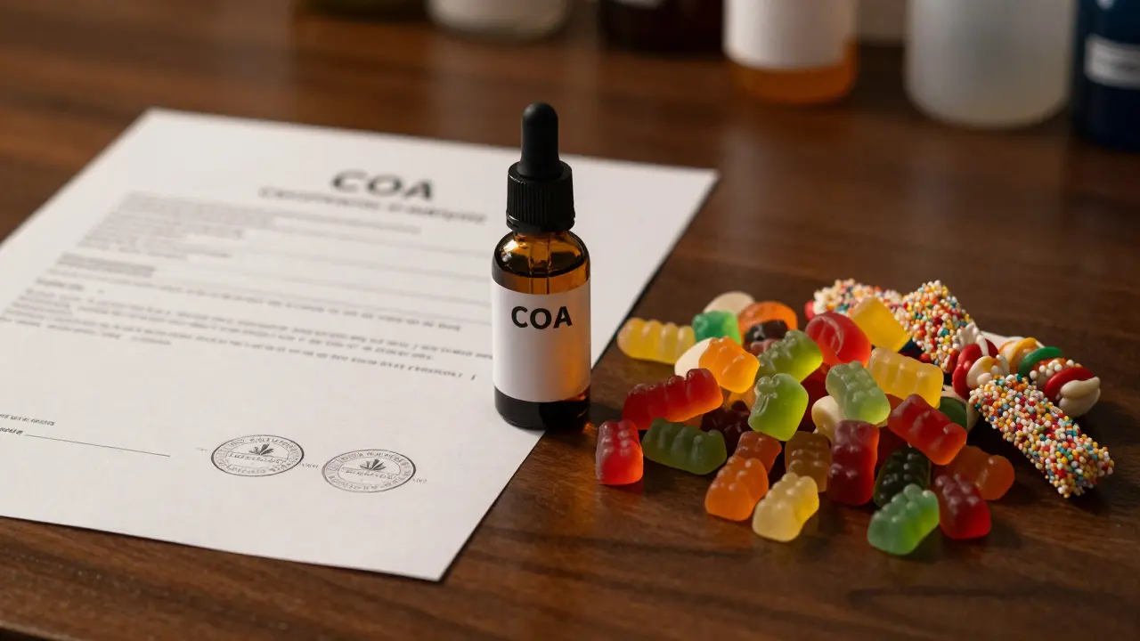 Vergleich zwischen einem offiziellen Laborbericht für CBD-Öl und zuckerhaltigen CBD-Gummibärchen.