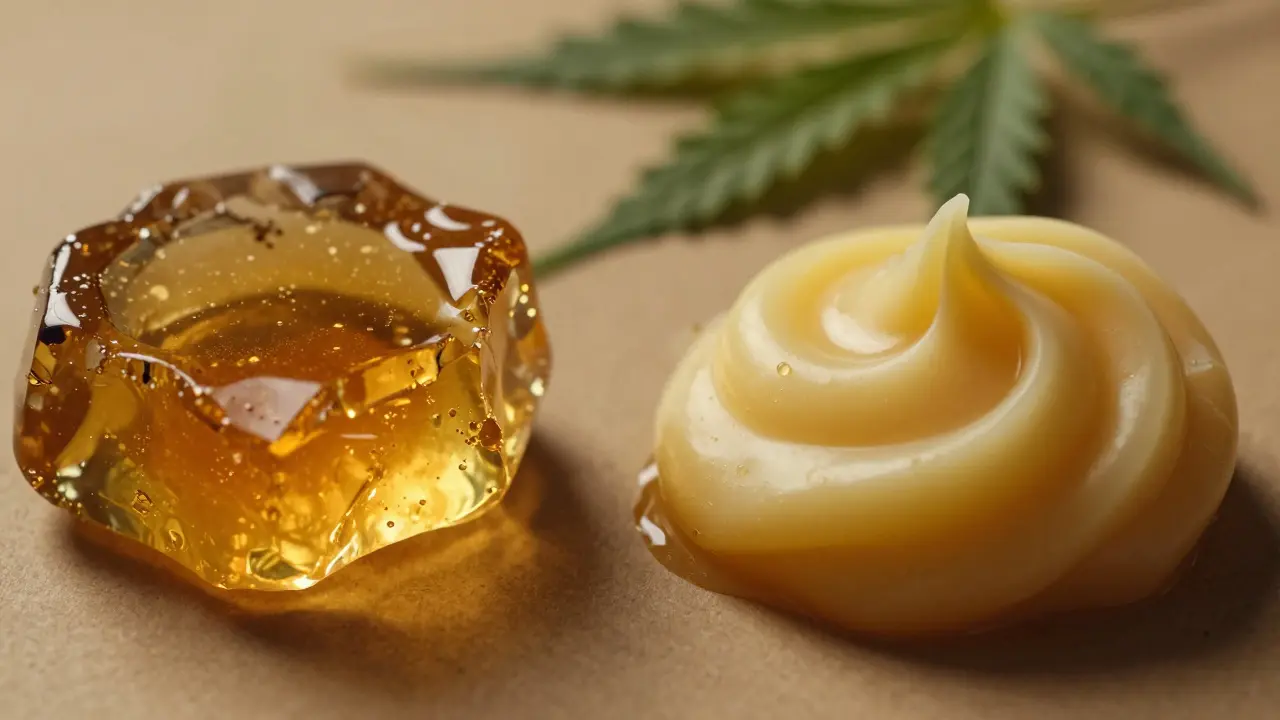 Vergleich zwischen hartem, glasartigem CBD Shatter und cremigem CBD Wax