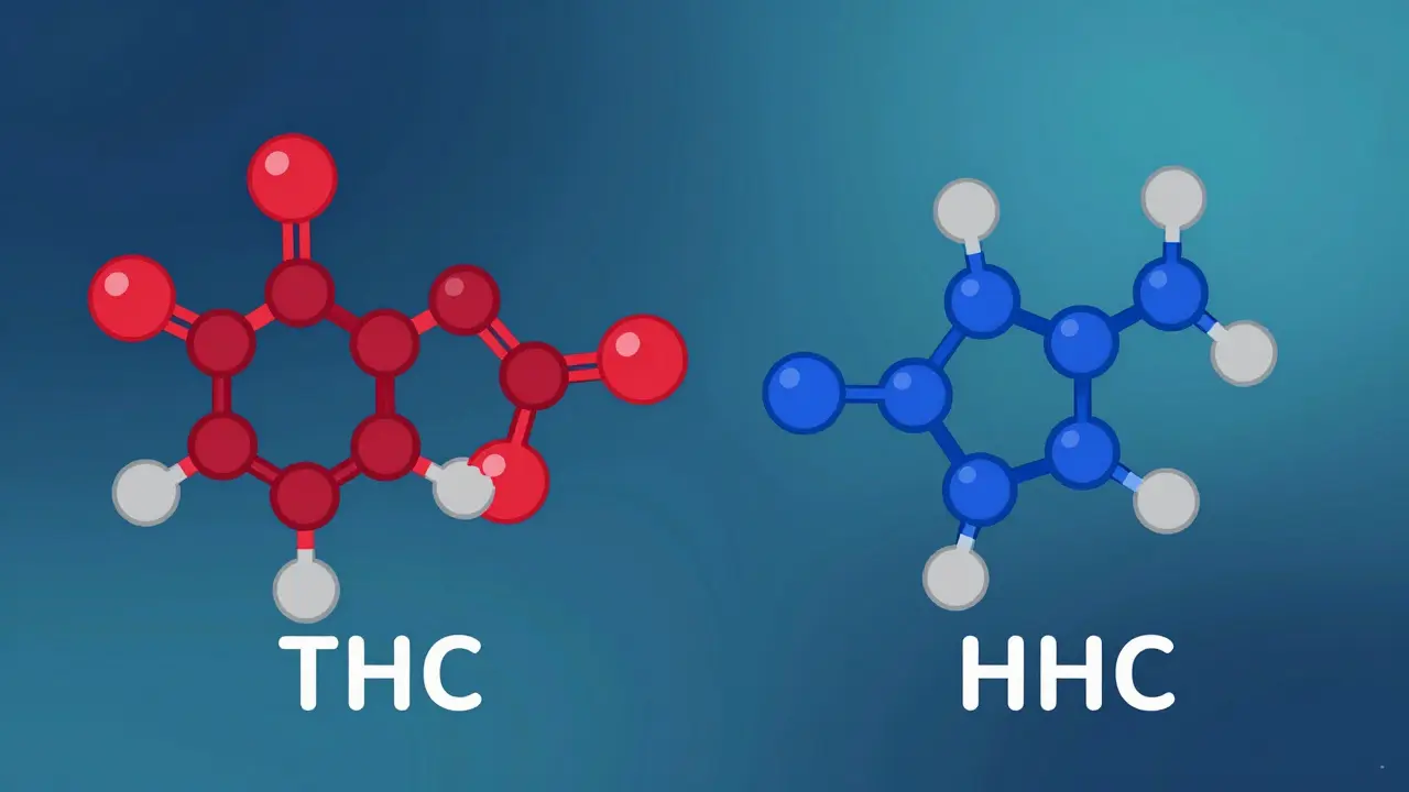 Abstrakte Darstellung der molekularen Unterschiede zwischen HHC und THC.