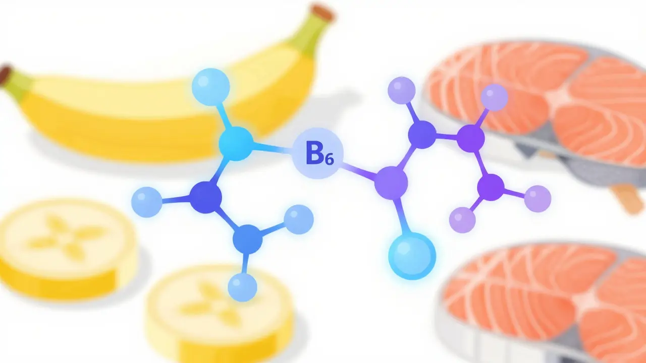 Abstrakte Darstellung von Vitamin B6 und neuronalen Signalwegen im Gehirn