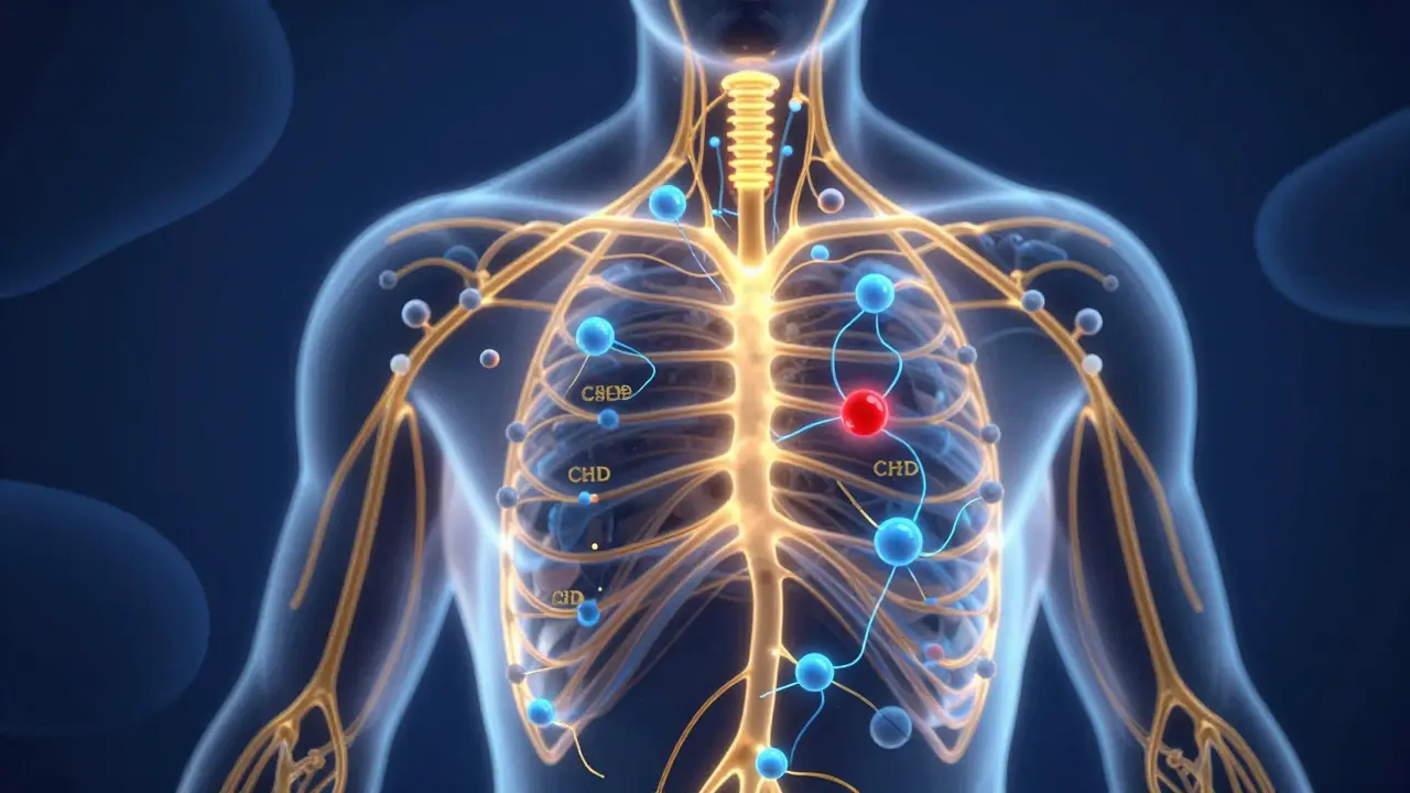 Abstrakte Illustration des Endocannabinoid-Systems mit beruhigenden CBD-Molekülen