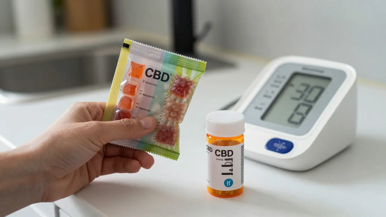 CBD-Gummibärchen neben Blutdruckmedikamenten und Messgerät auf dem Tisch