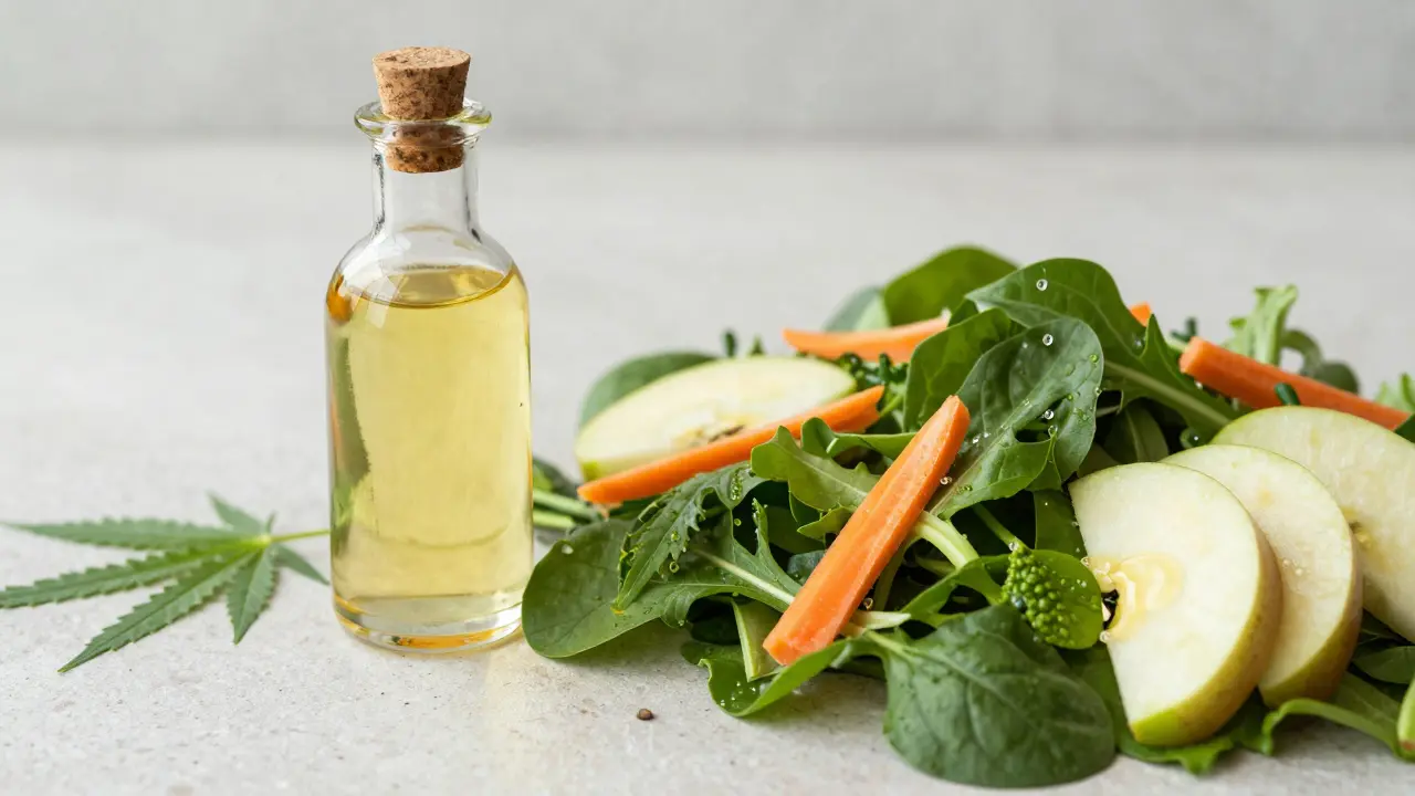 Flasche Hanföl neben einem frischen Blattsalat mit Äpfeln und Karotten