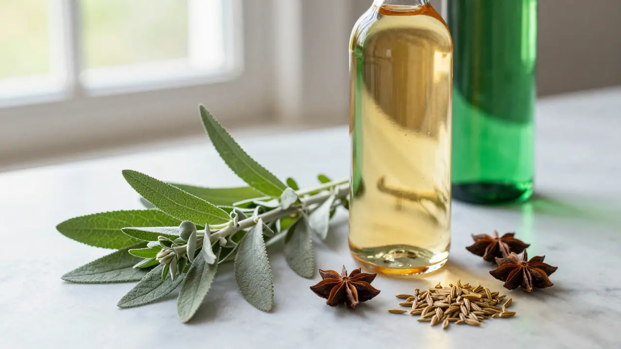 Frische Kräuter wie Wermut neben einer Flasche hochwertigem Absinth auf Marmor.