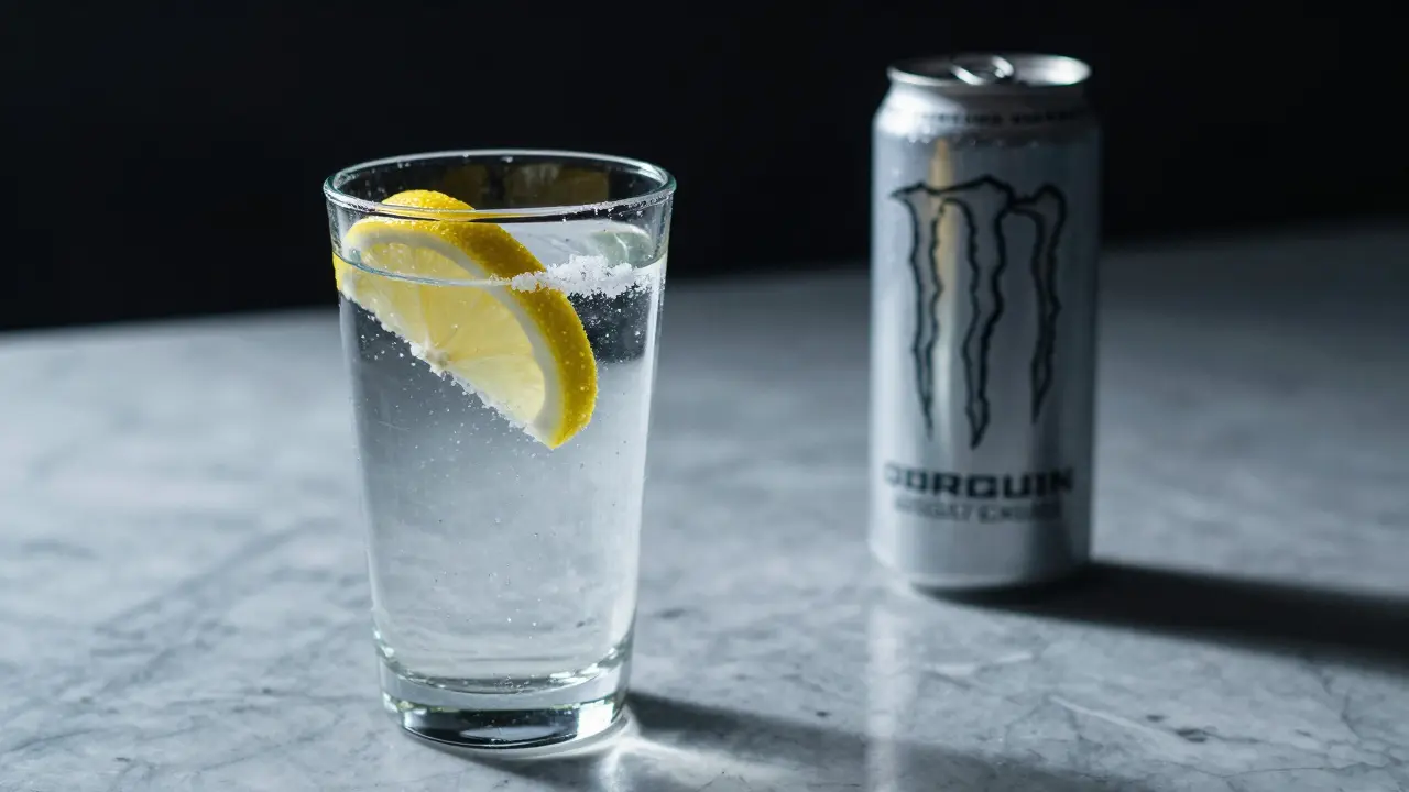 Glas Wasser mit Elektrolyten gegenüber einem Energy-Drink auf Marmorplatte