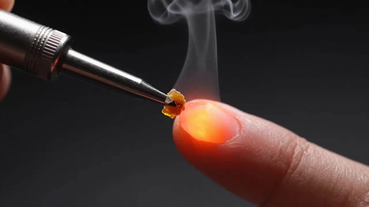Glühende Quarz-Nail mit Dampfwolke beim Verdampfen von Konzentrat