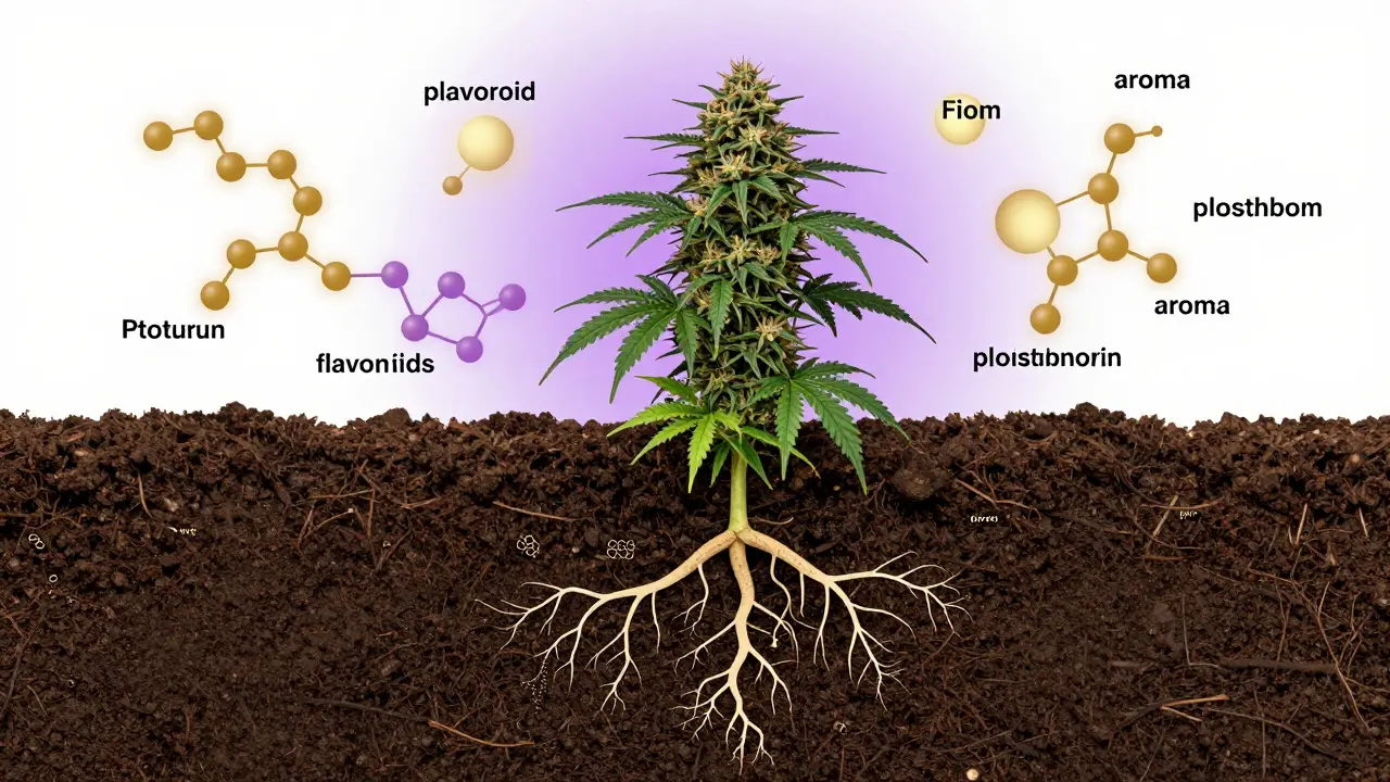Hanfpflanze mit Nährstoffen und Flavonoiden im Boden und an der Blüte