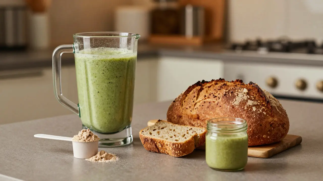 Hanfprodukte im Alltag: Smoothie, Brot und Salatdressing auf der Küche