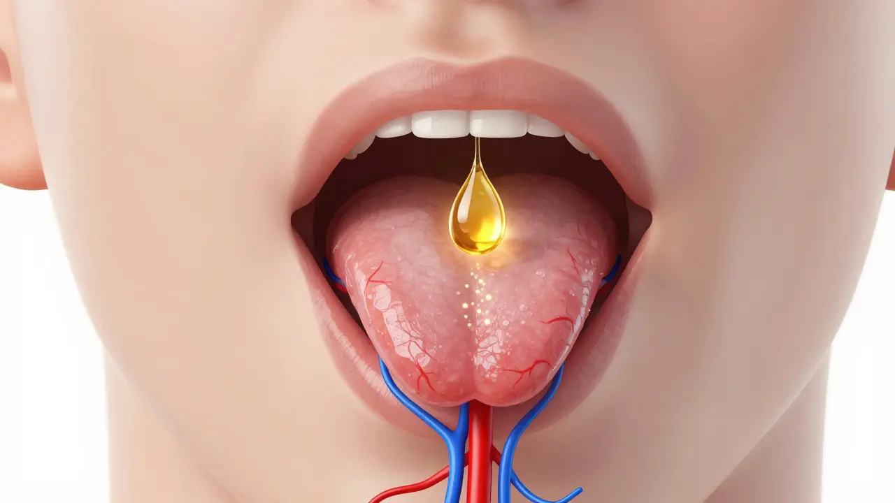 Illustration der sublingualen Aufnahme von CBD unter der Zunge