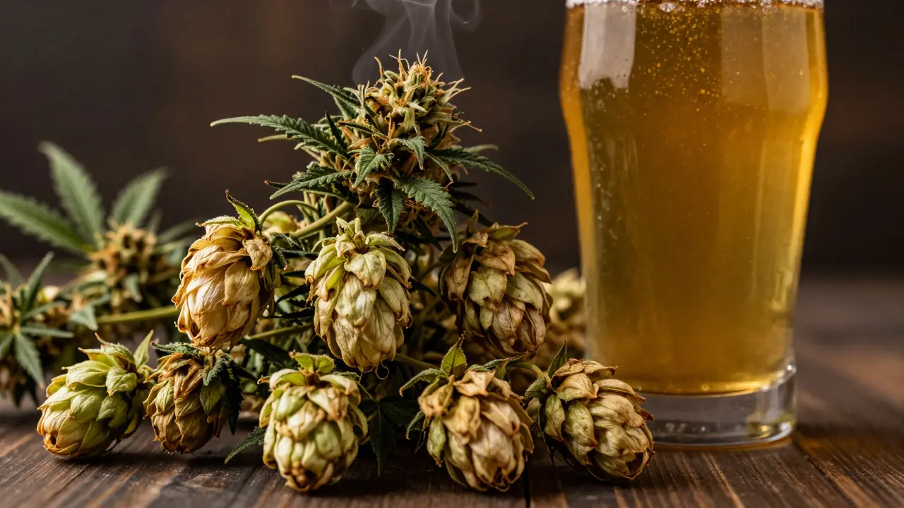 Kannabisblüte neben Hopfen und Bierglas, die gemeinsame Terpene und Geschmacksprofile symbolisieren.