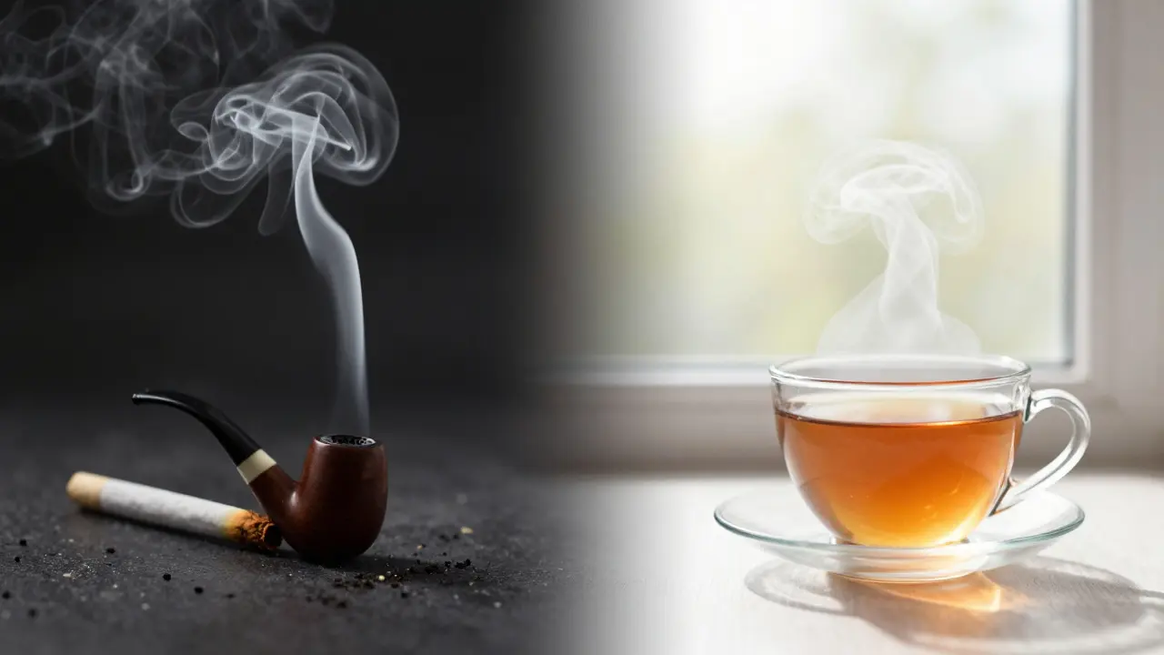 Kontrast zwischen Rauch und einer Tasse CBD-Tee
