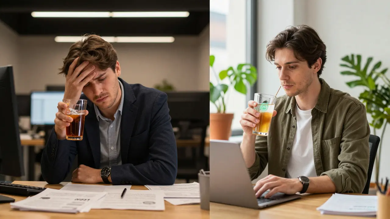 Kontrastbild: Stressiger Büroalltag versus ruhige Fokussierung mit CBD-Getränk
