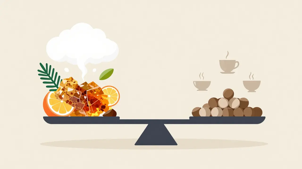 Konzeptionelle Grafik: Aroma von Crumble versus Praktikabilität von Pellets