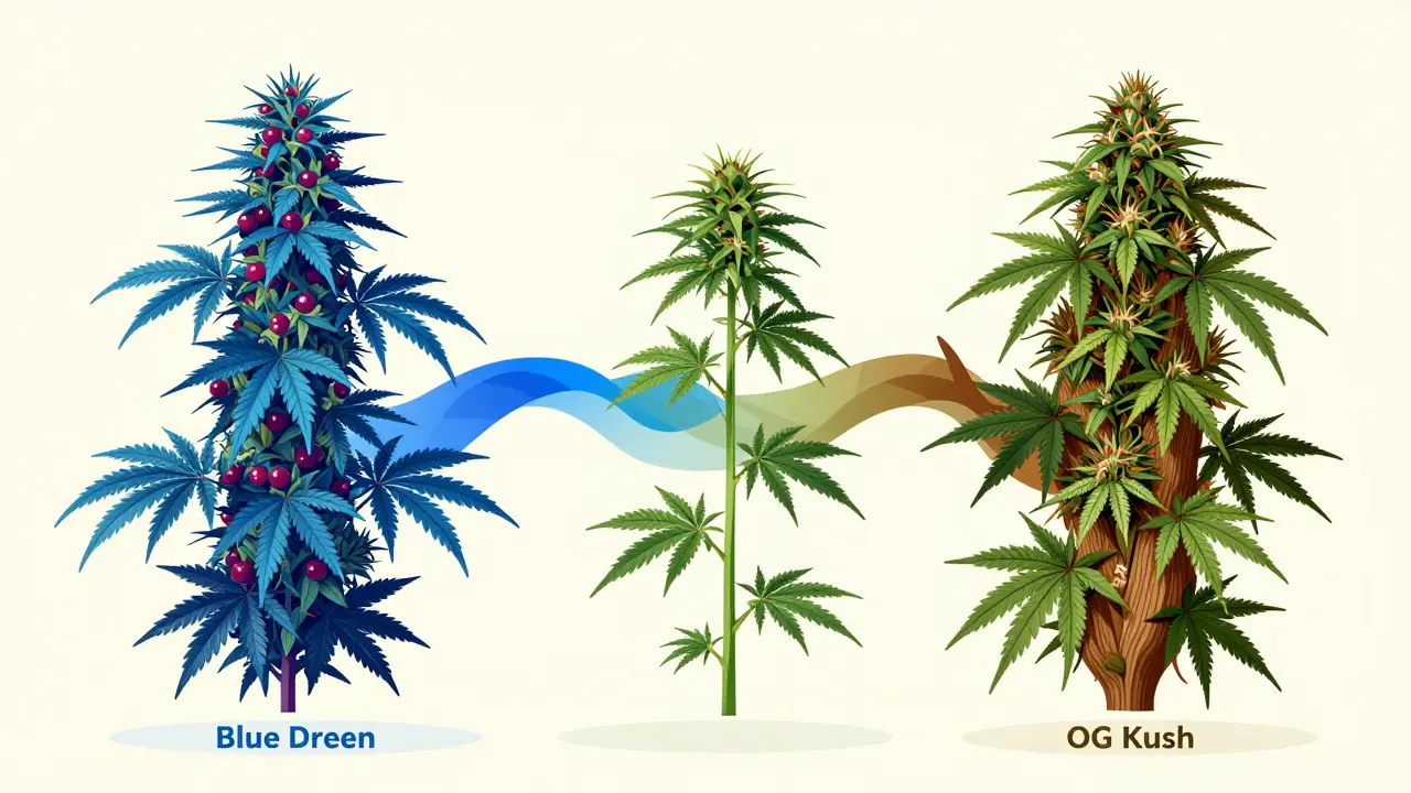 Konzeptionelle Illustration der genetischen Kreuzung aus Blue Dream und OG Kush zur Hybrid-Sorte.