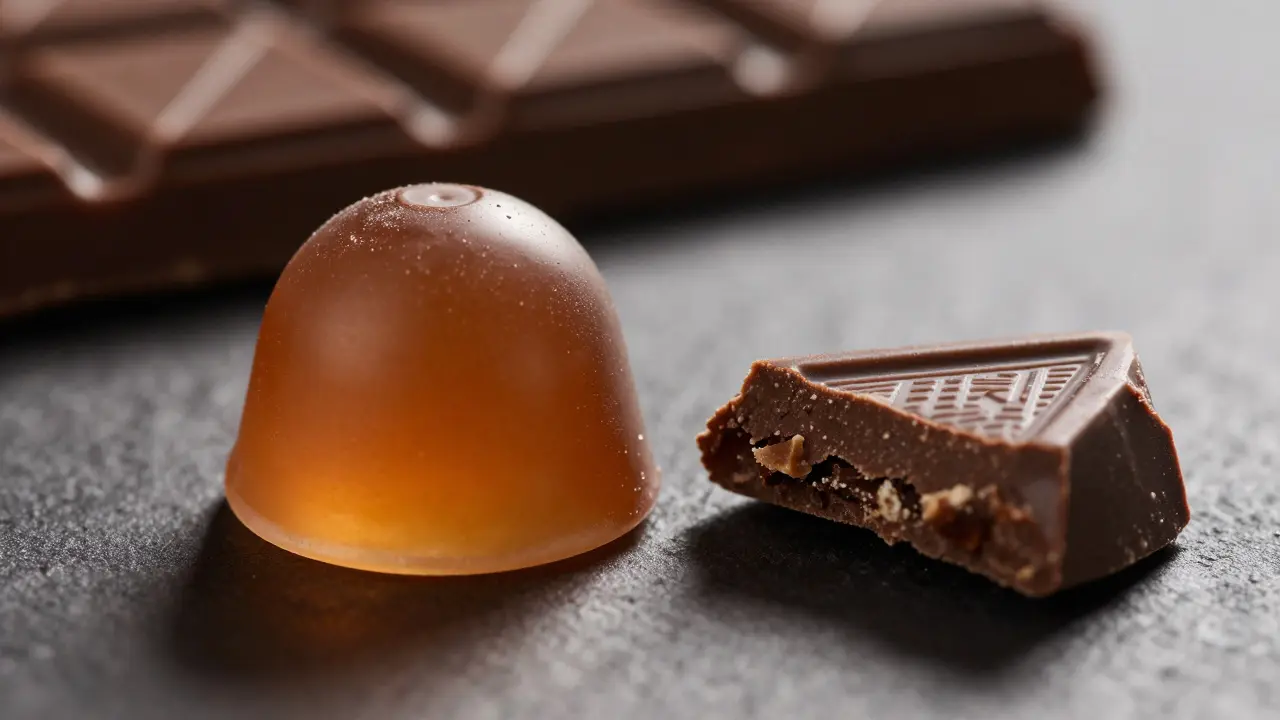 Makroaufnahme zeigt Dosierungspräzision bei Bonbon vs. Schokolade