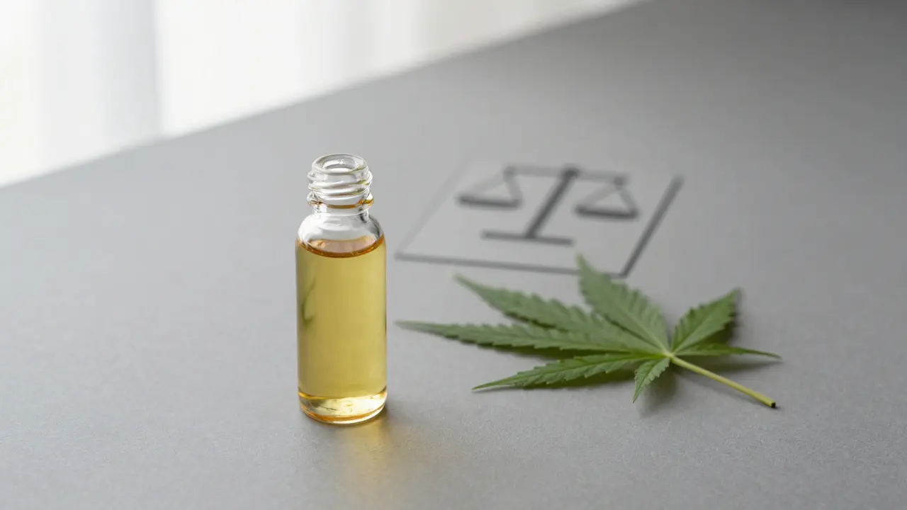 Minimale Komposition mit Ölflasche, Hanfblatt und Symbol für rechtliche Grauzone auf grauem Untergrund.