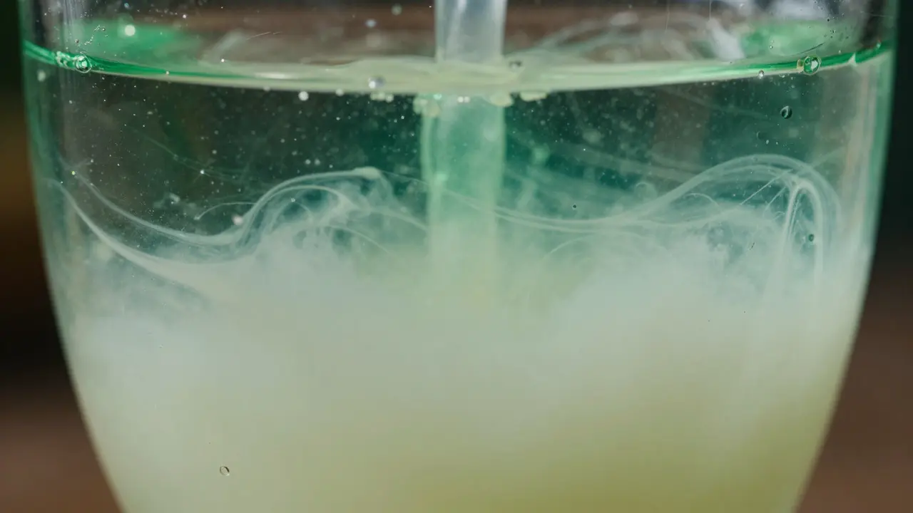 Nahaufnahme des trübenden Effekts beim Mischen von Absinth und kaltem Wasser