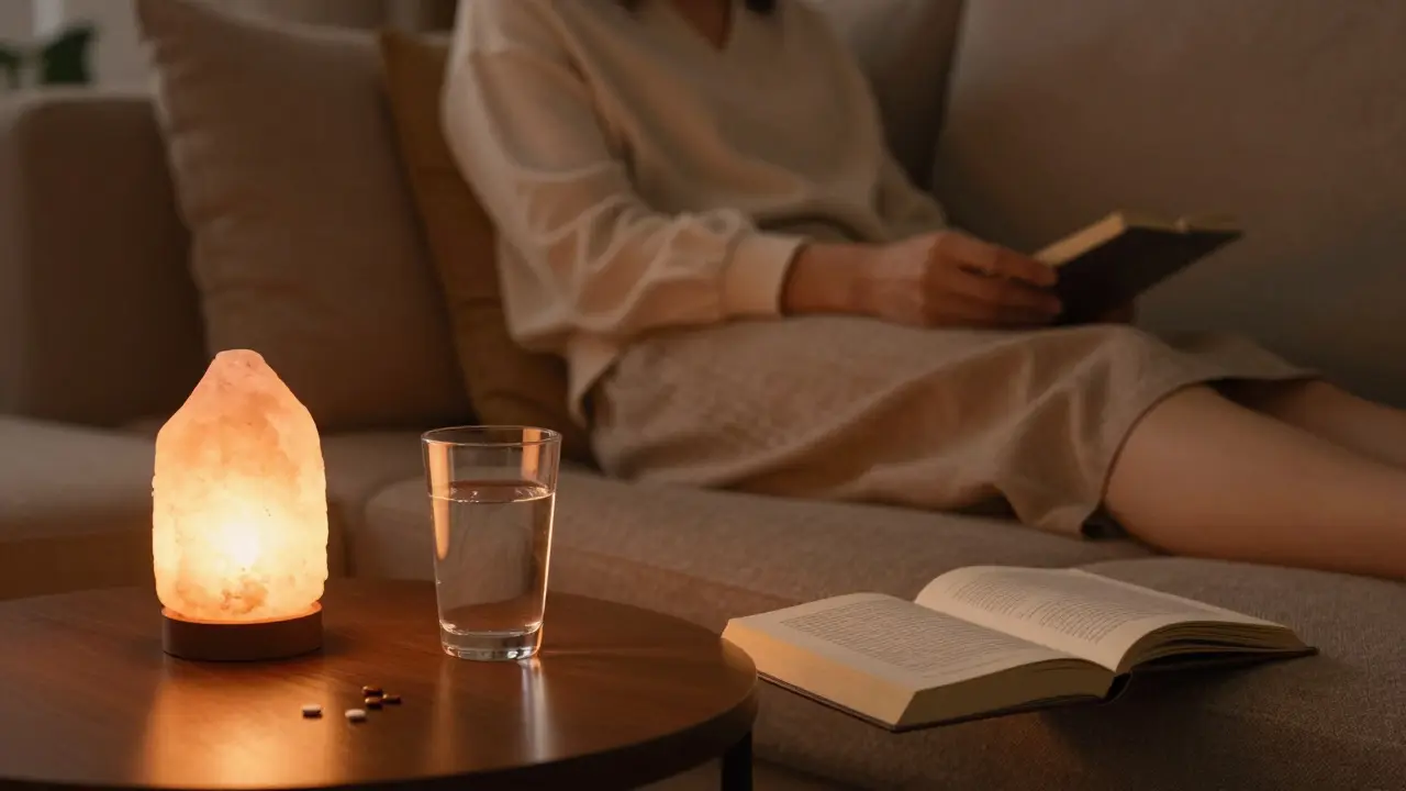 Person entspannt gemütlich auf dem Sofa mit Wasser und Buch bei gedimmtem Licht