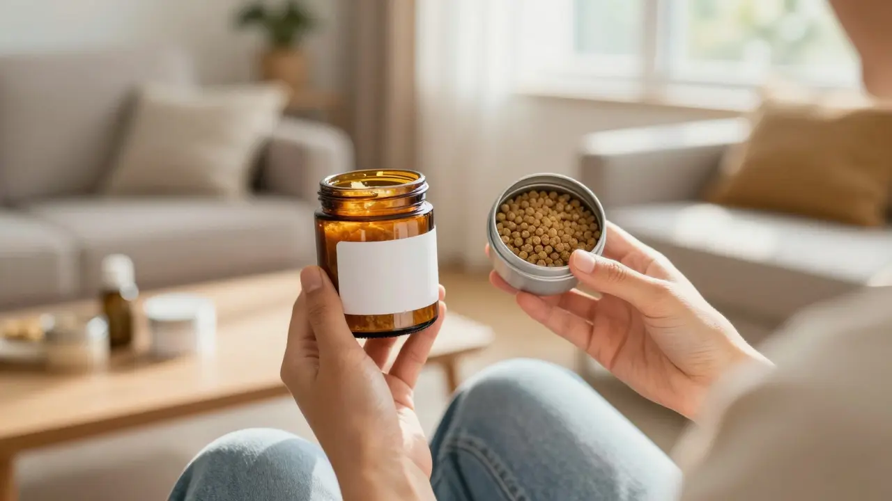 Person hält Dosen mit CBD-Crumble und -Pellets im häuslichen Umfeld