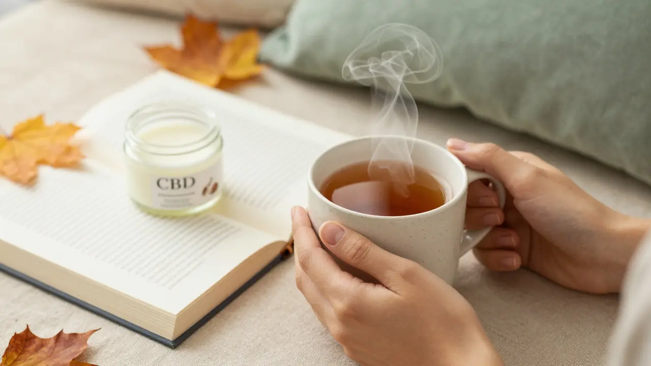 Person hält eine Tasse CBD-Tee neben Kokosöl