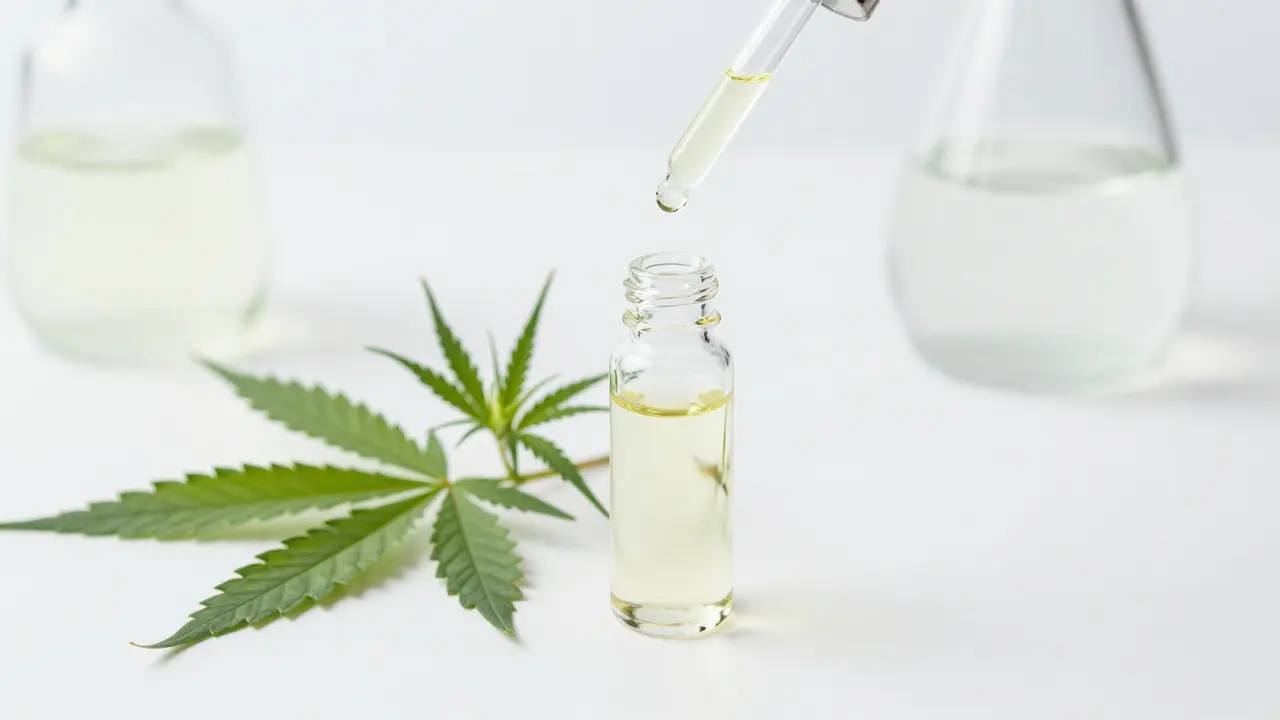 Reines CBD-Öl neben Hanfpflanzen für natürliche Extraktion