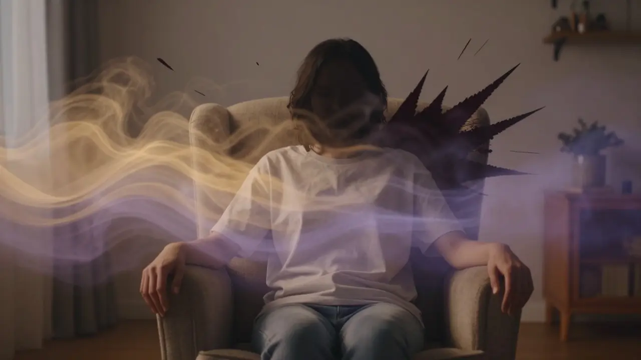 Ruhige Person in entspannter Atmosphäre mit sanften Lichteffekten.
